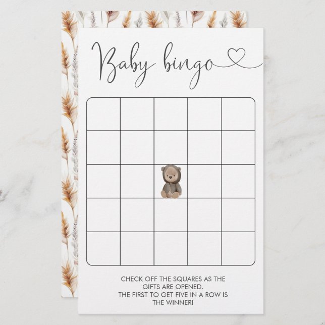 Cute Nalle Baby Shower Bingo Game (Fram/baksida)