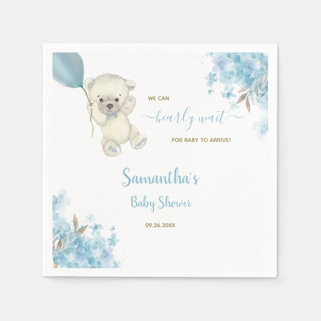 Cute Nalle Baby Shower Watercolor Blue Boy Pappersservett (Framsidan)