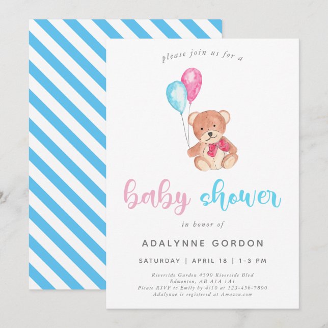 Cute Nalle Baby Shower Watercolor Sweet Inbjudningar (Fram/baksida)