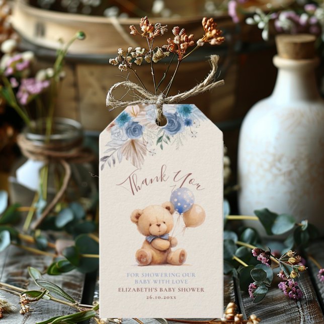Cute Nalle Balloho Blue Ro Blommigt Presentetikett (Skapare uppladdad)