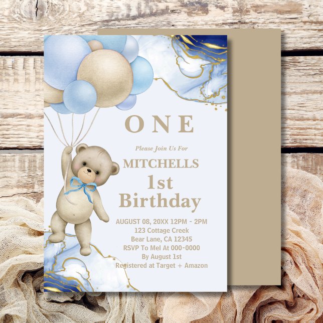 Cute Nalle Balloon Abstrakt Blue Guld Inbjudningar (Skapare uppladdad)