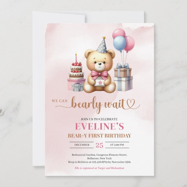 Cute nalle Bear-y Girl första födelsedag inbjudan (Framsida)