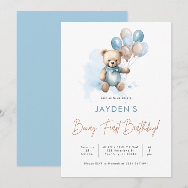 Cute Nalle Beary First Birthday Blue Balloon Inbjudningar (Fram/baksida)
