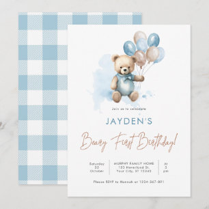 Cute Nalle Beary First Birthday Blue Balloon Inbjudningar