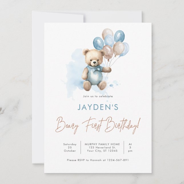 Cute Nalle Beary First Birthday Blue Balloon Inbjudningar (Framsida)