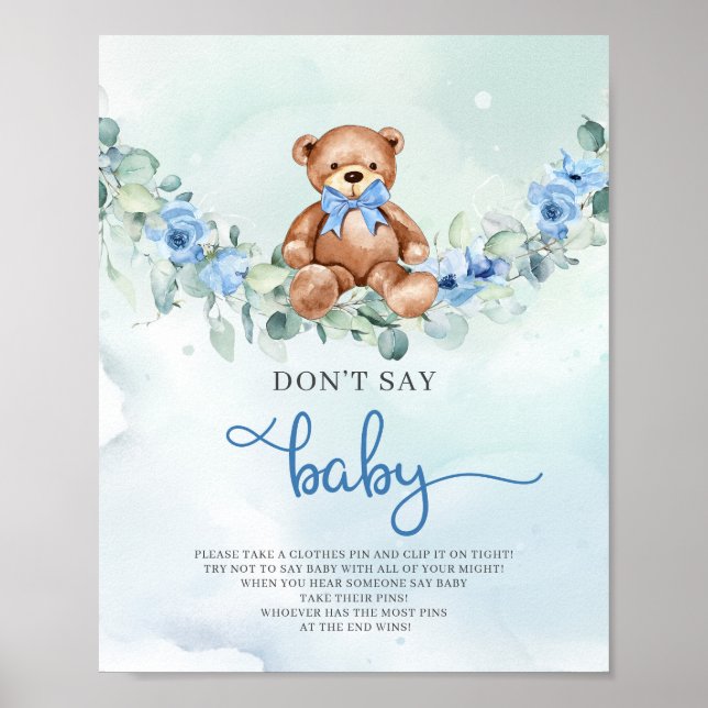 Cute nalle blåa blommor säger inte baby-spel poster (Framsidan)