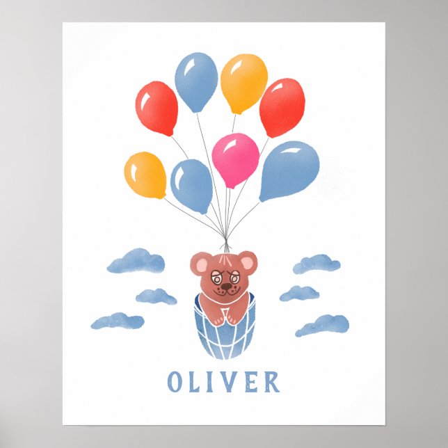 Cute Nalle Blue Balloons Boy Namn Poster (Framsidan)