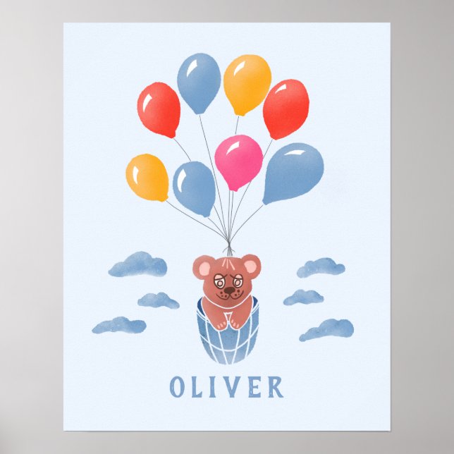 Cute Nalle Blue Balloons Boy Namn Poster (Framsidan)