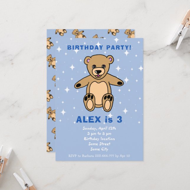 Cute Nalle Blue Boy Birthday Inbjudningar (Fram/Back In Situ)