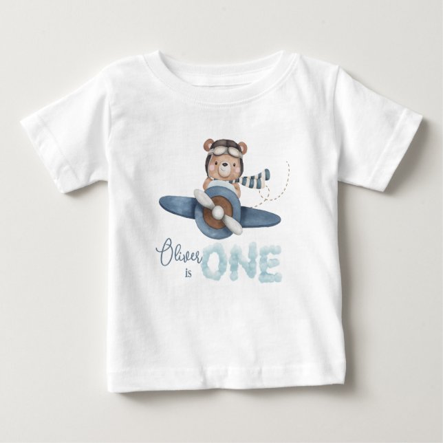 Cute Nalle Blue Flygplan One 1st Birthday Outfit T Shirt (Framsida)