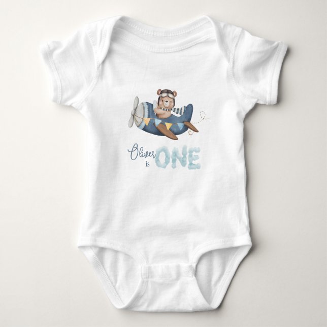 Cute Nalle Blue Flygplan One 1st Birthday Outfit T Shirt (Framsida)