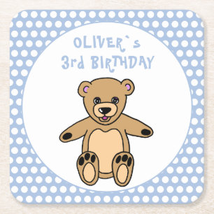 Cute Nalle Blue Polka Dot Kid's Birthday Underlägg Papper Kvadrat