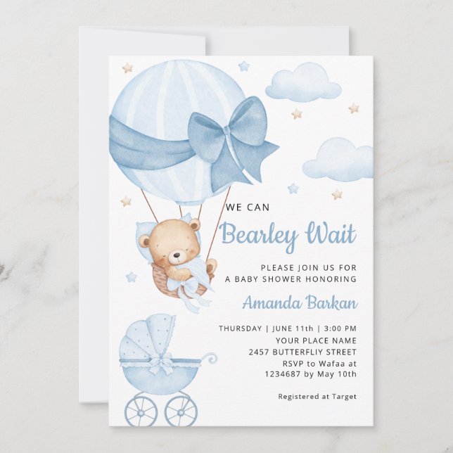 Cute Nalle Boy Blue Barly Wait Baby Shower Inbjudningar (Framsida)