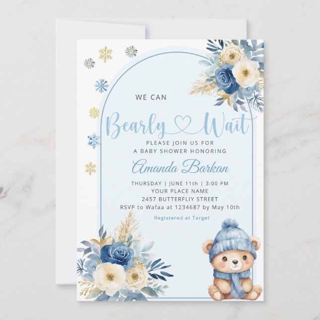Cute Nalle Boy Blue Barly Wait Baby Shower Inbjudningar (Framsida)
