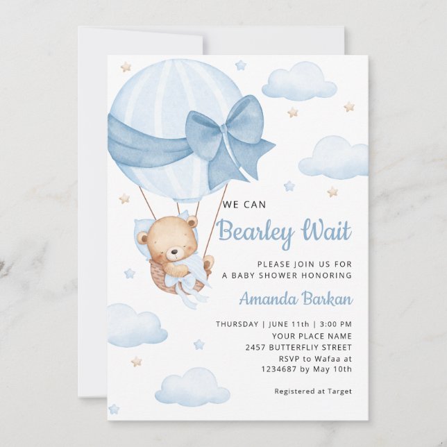 Cute Nalle Boy Blue Barly Wait Baby Shower Inbjudningar (Framsida)