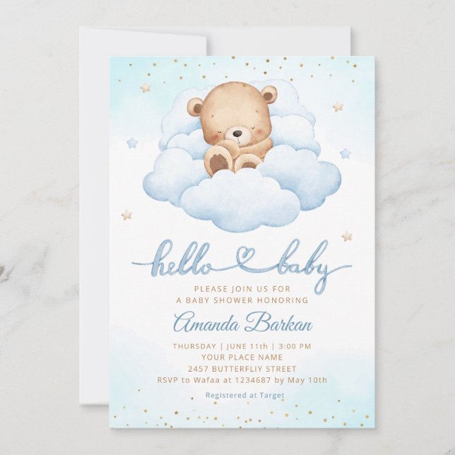 Cute Nalle Boy vattencolor Blue Shower Inbjudningar (Framsida)
