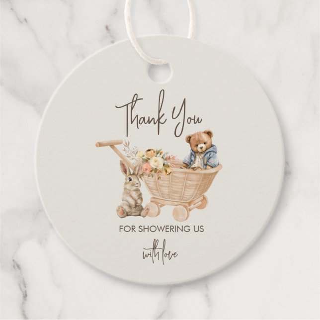Cute Nalle, Bunny Baby Shower Tack Gåvor Etiketter (Framsida)