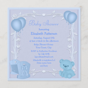 Cute Nalle & Crime Blue Baby Shower Inbjudan