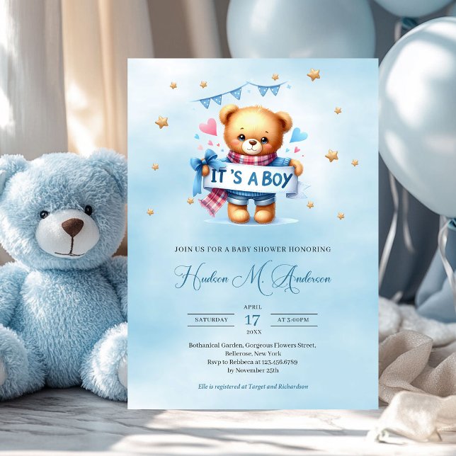Cute nalle det är en barndusch. inbjudningar (watercolor teddy bear with ribbon it's a boy baby shower invitation)