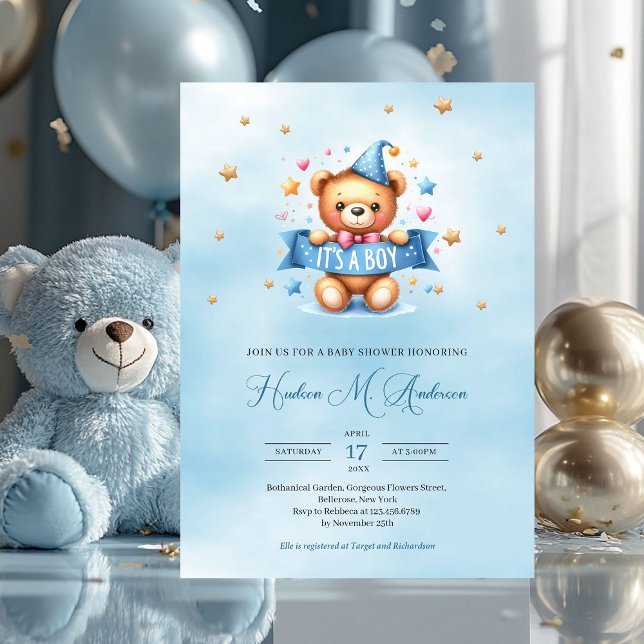 Cute nalle det är en barndusch. inbjudningar (it's a boy baby shower invitation with teddy bear)