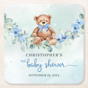Cute Nalle dusty blåa blommor eucalyptus Underlägg Papper Kvadrat