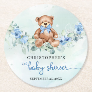 Cute Nalle dusty blåa blommor eucalyptus Underlägg Papper Rund