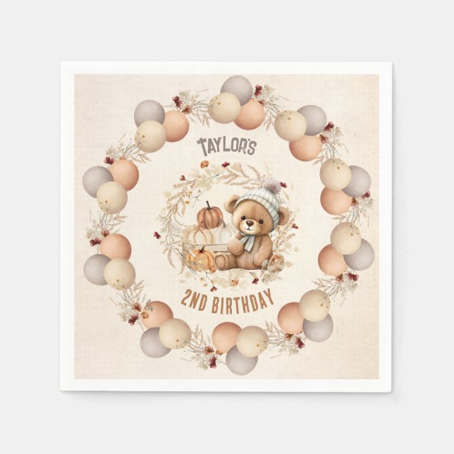 Cute Nalle Fall Birthday Boy Pappra Napkins Pappersservett (Framsidan)