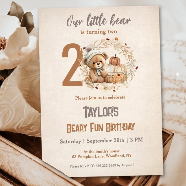 Cute Nalle Fall Pumpkin Boy 2 Birthday Inbjudningar (Cute Teddy Bear Fall Pumpkin Boy 2nd Birthday Invitation)