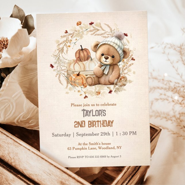 Cute Nalle Fall Pumpkins Boy Birthday Inbjudningar (Cute Teddy Bear Fall Pumpkins Boy Birthday Invitation)