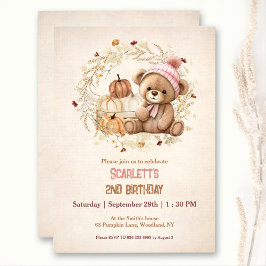 Cute Nalle Fall Pumpkins Girl Birthday Inbjudningar