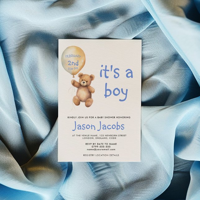 Cute nalle flytande babydusch i ballongen inbjudningar (Cute teddy bear floating balloon baby shower invitation, with space for you to add the date and time)