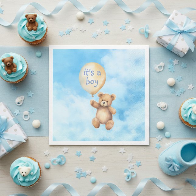 Cute nalle flytande babydusch i ballongen pappersservett (Cute teddy bear floating balloon with message and fluffy clouds baby shower napkins.)