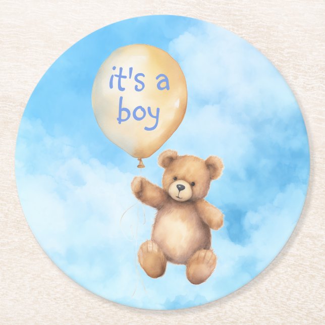 Cute nalle flytande babydusch i ballongen underlägg papper rund (Framsidan)