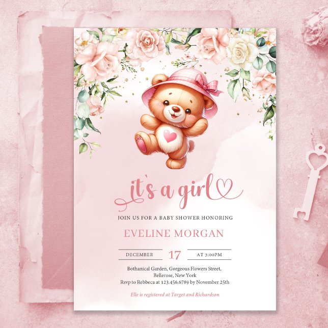 Cute-nalle för lekflickor i blommigt babydusch inbjudningar (Cute playful teddy bear girl baby shower invitation with heart shaped font)