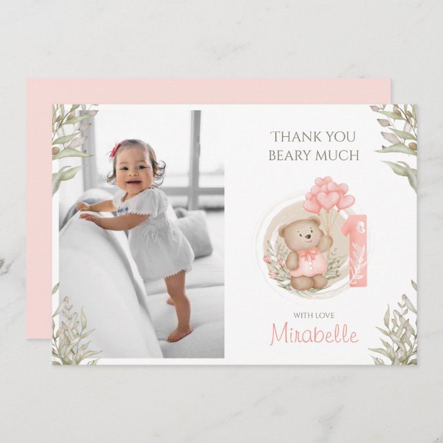 Cute Nalle | Första födelsedag | Foto Tack Kort (Fram/baksida)