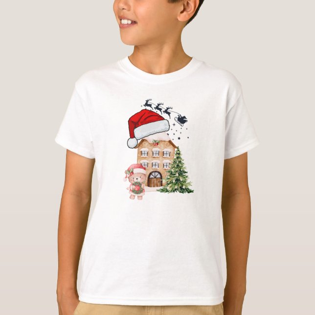 Cute Nalle & Gingerbröd House Whimsical Chri T Shirt (Framsida)