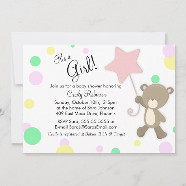 Cute Nalle Girl Baby Shower Inbjudningar (Framsida)