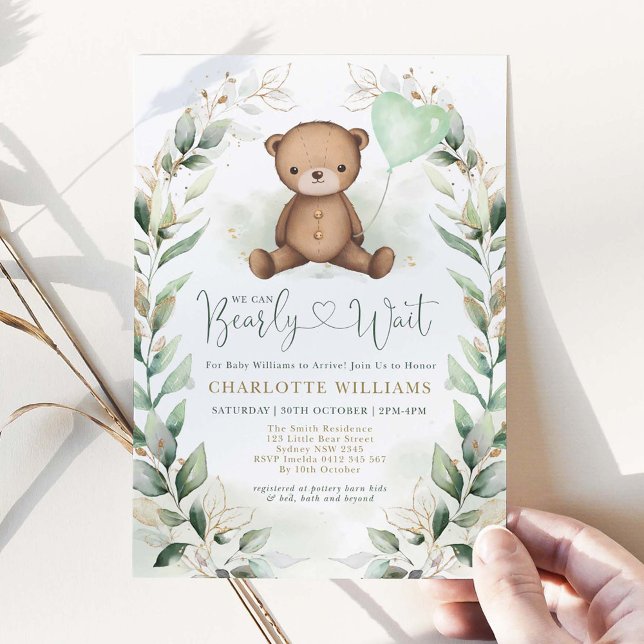 Cute Nalle Greenery Guld Neutralt Baby Shower Inbjudningar (Skapare uppladdad)
