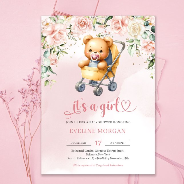 Cute nalle i blommigten baby, baby inbjudningar (Cute teddy bear girl in baby stroller and pink roses flowers invitation)