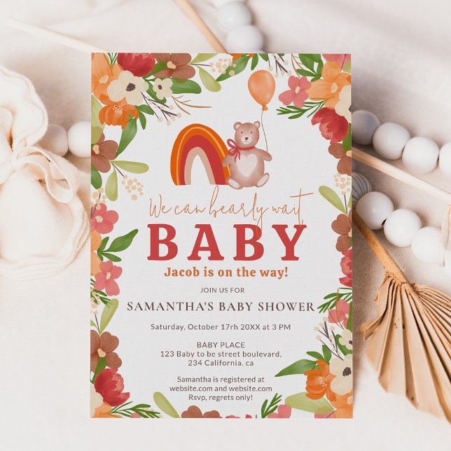 Cute nalle i förtid vänta regnbågsduschen inbjudningar (Cute teddy bear bearly wait rainbow baby shower invitation)
