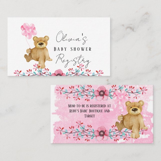 Cute Nalle in Rosa Paint Baby Shower Registry Visitkort (Fram/baksida)
