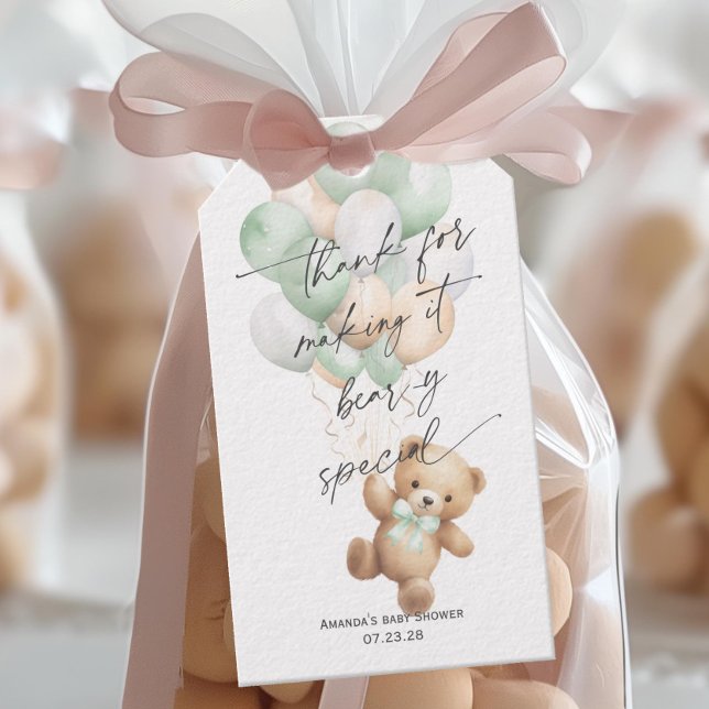 Cute Nalle Kön Neutral Modern Sage Grönt Presentetikett (Sage Green We Can Bearly Wait, Teddy Bear Gender Neutral baby Shower Favor Tags.)
