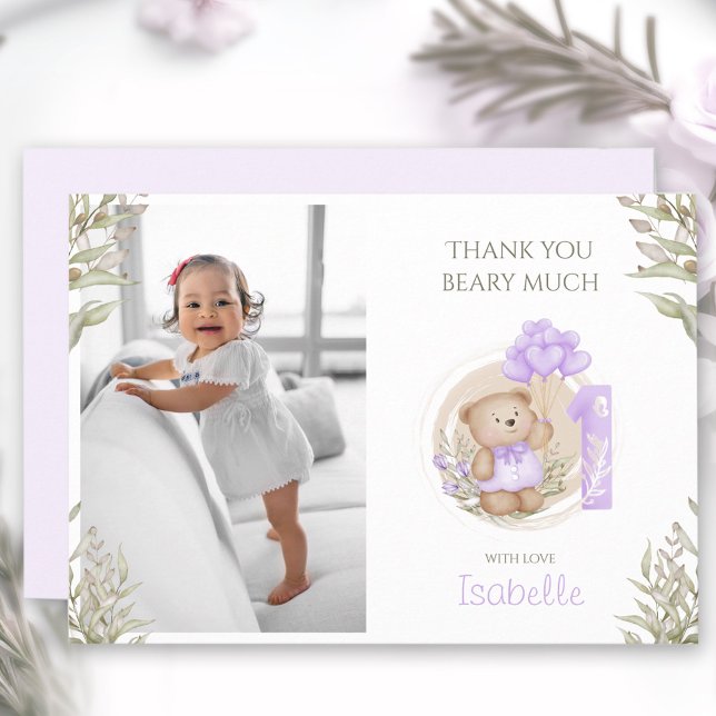 Cute Nalle Lila 1:a födelsedagsfoto Tack Kort (Cute Teddy Bear Purple 1st Birthday Photo Thank You Card)