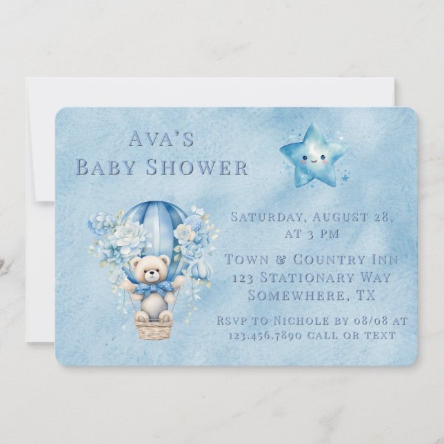 Cute Nalle Luftballong Boy Baby Shower Inbjudningar (Framsida)