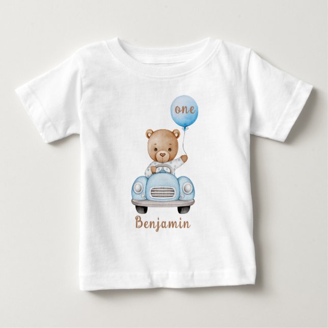Cute Nalle med ballongen 1:a födelsedag T Shirt (Framsida)