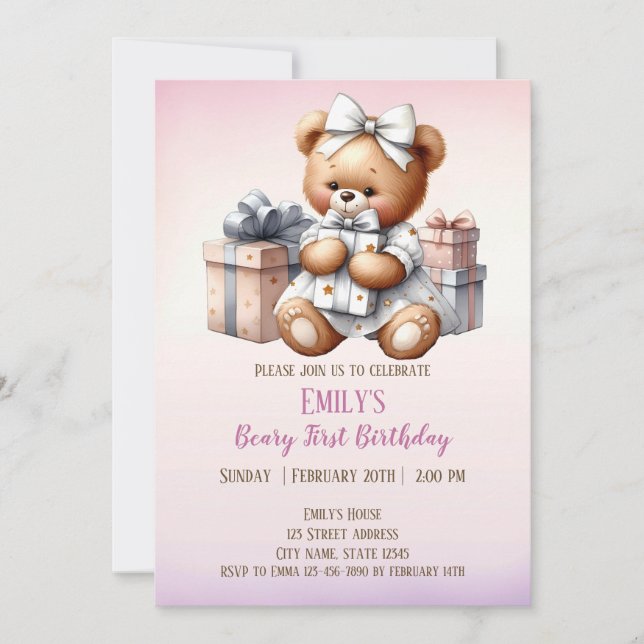 Cute Nalle med ballonger och gåvor Inbjudningar (Framsida)