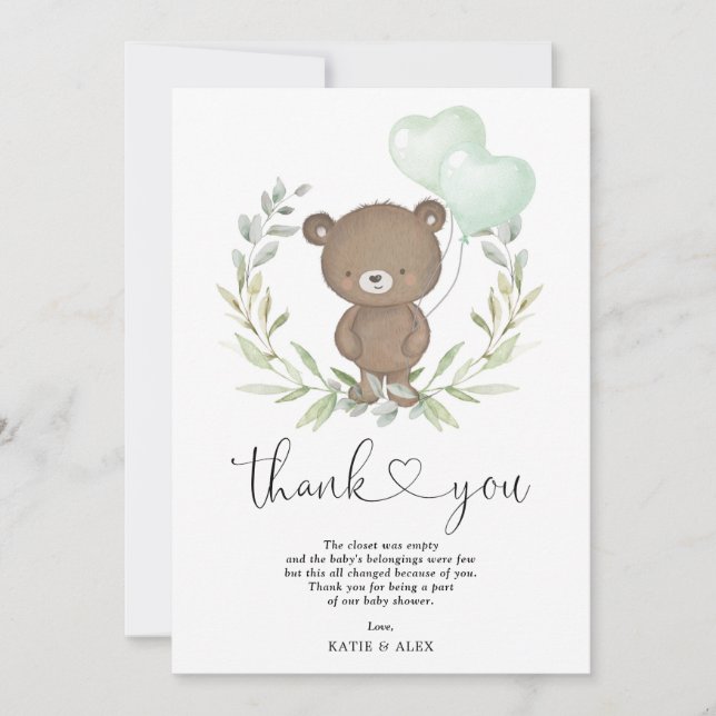 Cute Nalle med Balloons Greenery Wandeine Baby Tack Kort (Framsida)