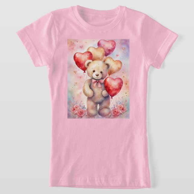 Cute Nalle med Birthday Balloons Girl T Shirt (Laydown)