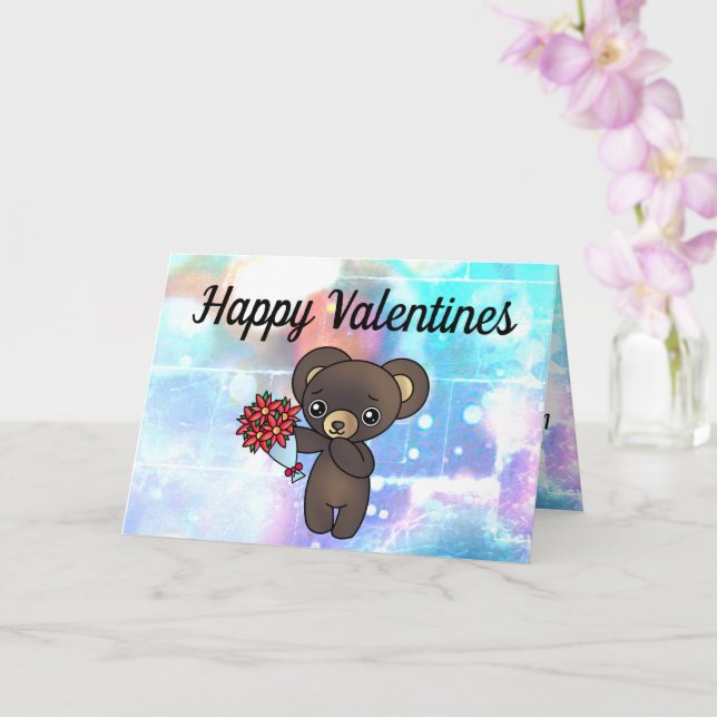Cute Nalle med blommor för Valentineser Kort (Orkide)