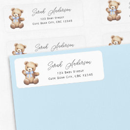 Cute Nalle med Blue Ribbon Boy Shower Returadress Etikett